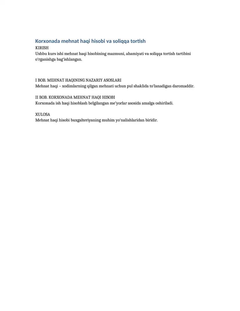 Korxonada mehnat haqi hisobi va soliqqa tortish