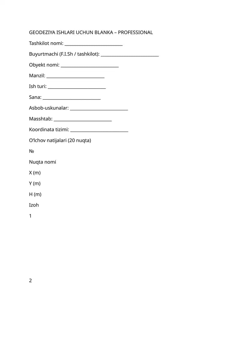 GEODEZIYA ISHLARI UCHUN BLANKA – PROFESSIONAL
