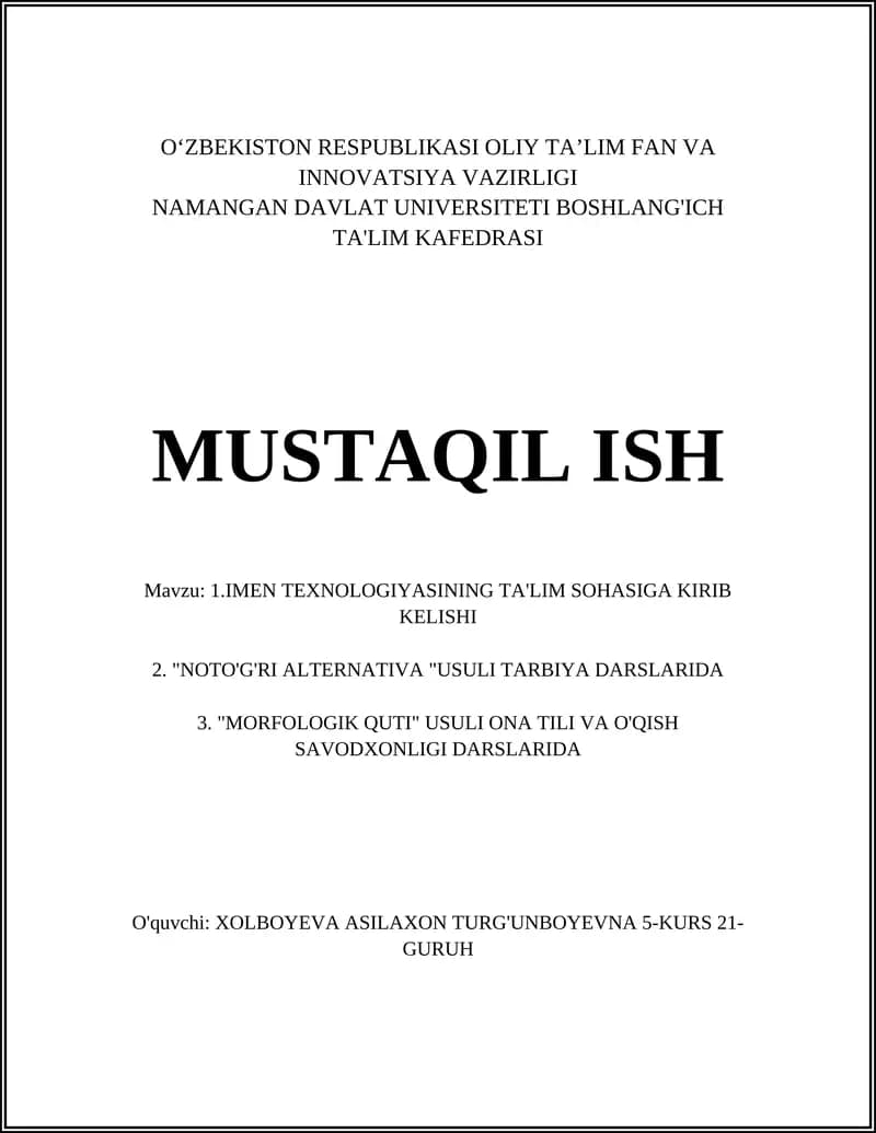 IMEN TEXNOLOGIYASINING TA'LIM SOHASIGA KIRIB KELISHI